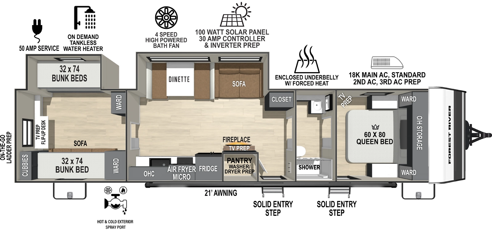 The Ibex New Trail Edition TRAIL31 floorplan has two entries and two slide outs. Exterior features include: fiberglass exterior and 21' awning. Interiors features include: bunk beds, front bedroom and pass through bathroom.